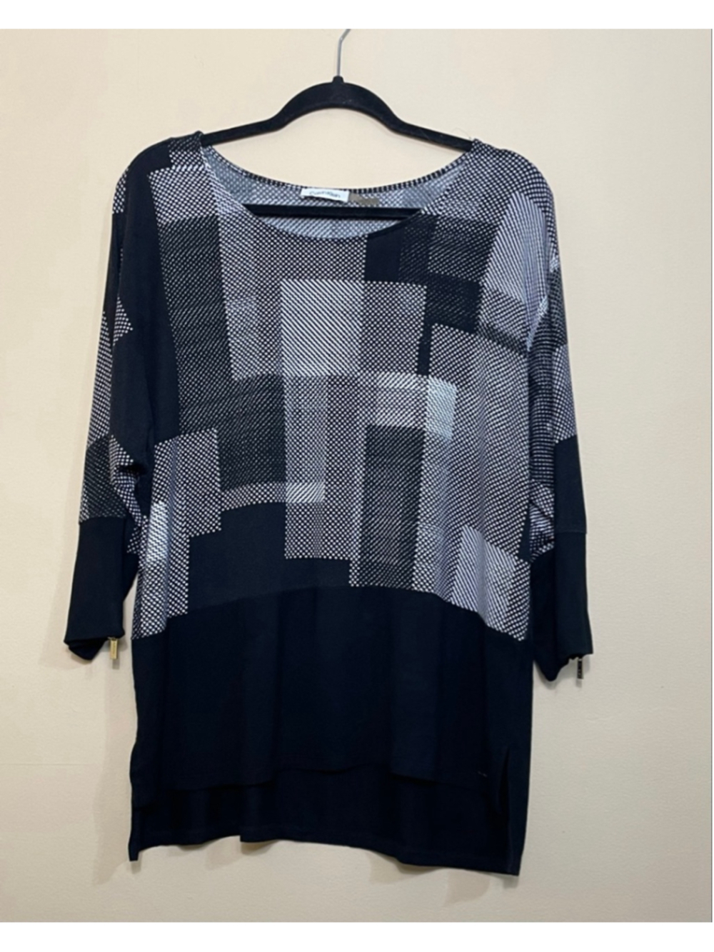 Women's Calvin Klein Black & White Geometric Tunic Top L 3/4 sleeve